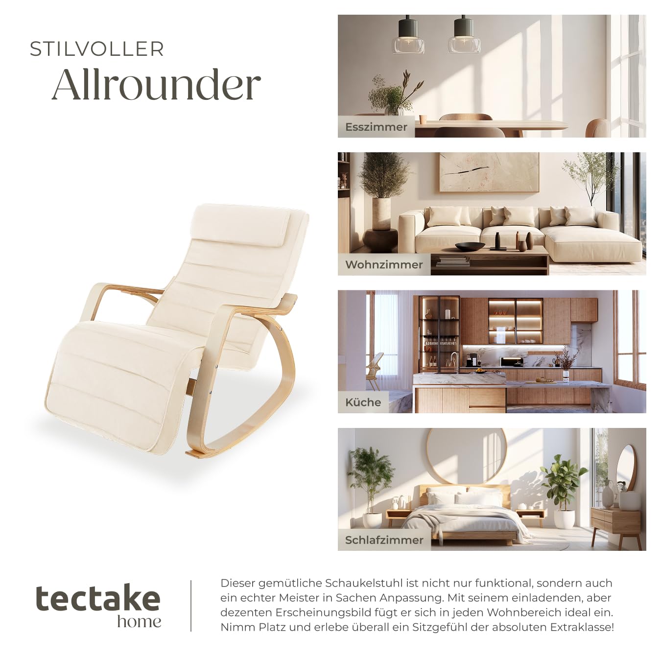 tectake® Schaukelstuhl mit Armlehnen aus Birkenholz, Relaxsessel mit 5-Fach Verstellbarer Fußsstütze, bis 150 kg belastbar, mit Polster, Sessel für Wohnzimmer, Schaukelsessel, Fernsehsessel - beige