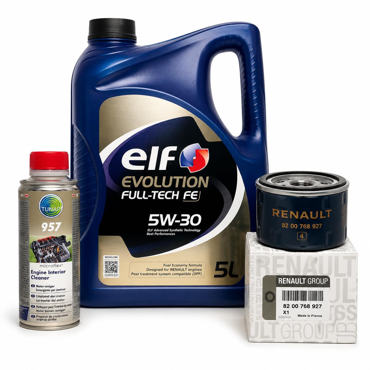 Kit Cambio Aceite Renault Original Elf Evolution Full-Tech FE 5W30 5L + Filtro Aceite Original Renault 8200768927 + TUNAP 957 Limpiador Interno Motor 200 ml