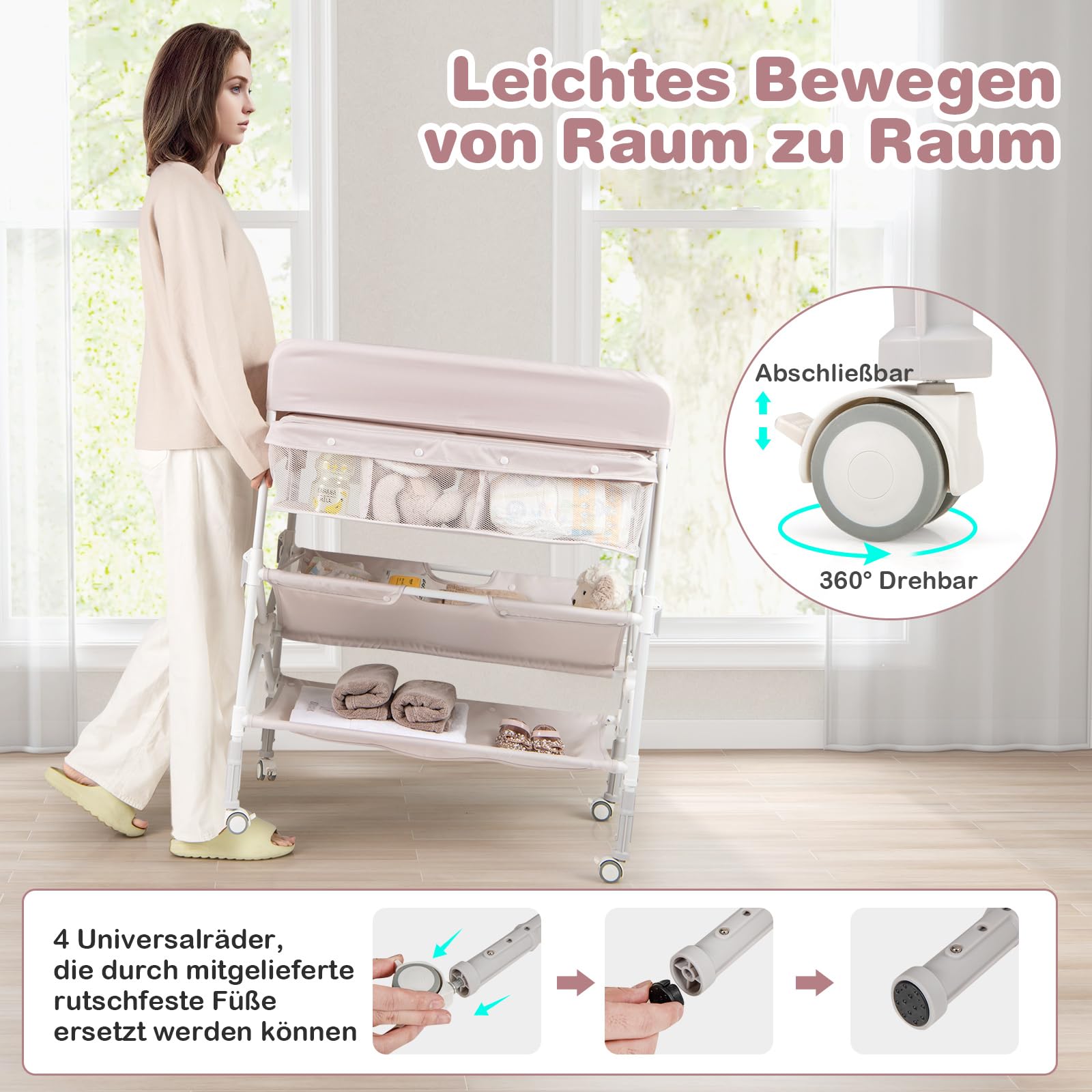 COSTWAY 5 in 1 Wickelkommode, Wickeltisch klappbar, Wickelstation höhenverstellbar mit Seitenkorb, Regalen & Mülleimer, tragbares Baby Changing Table mit Rollen für Neugeborene & Säuglinge (Beige)