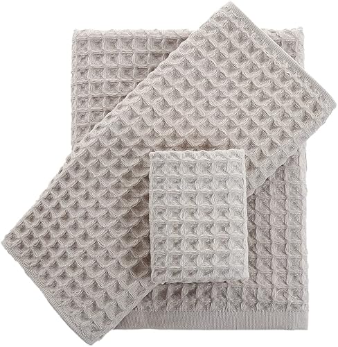 Juego de 3 toallas de baño de punto gofre, juego de toallas 100% algodón (1 toalla de baño, 1 toalla de mano, 1 toallita) Toalla de mano de baño