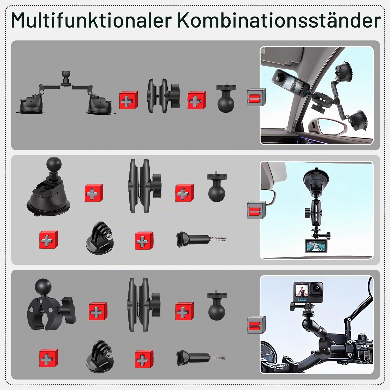 LIROPAU Dreifach-Saugnapf Kfz-Halterungs Set, Saugnapf Auto Halterung | für Insta360 Gopro Akaso Action Kamera, 112 cm Selfie Stick, Dreifach Saugnapfhalterung für Windschutzscheibe und Fenster