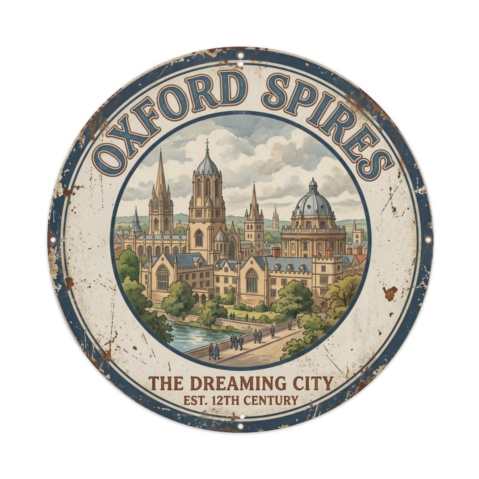 Fqcyn Style Vintage Travel Oxford Tower England Metal Tin Sign Plaque Wall Decor For Cafe, Club Bar, Office, Home Garden Round Metal Poster 8X8inch
