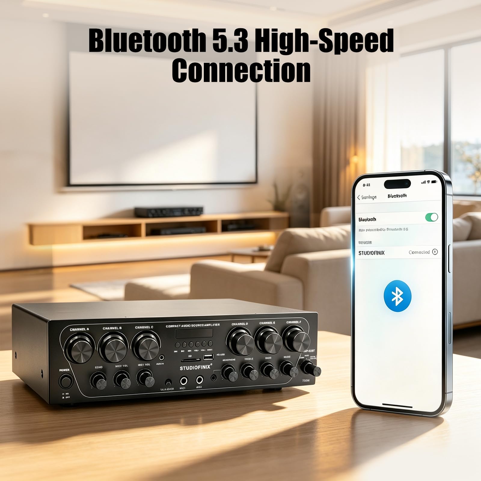 STUDIOFINIX Bluetooth 5.3 Heimverstärker-System, 6-Kanal 750W Peak Receiver mit FM-Radio, USB/SD, 2 Mikrofone mit Echo & Talkover, Doppel-AUX, Kopfhörer- und Subwooferausgang für Heimkino, Karaoke, PA