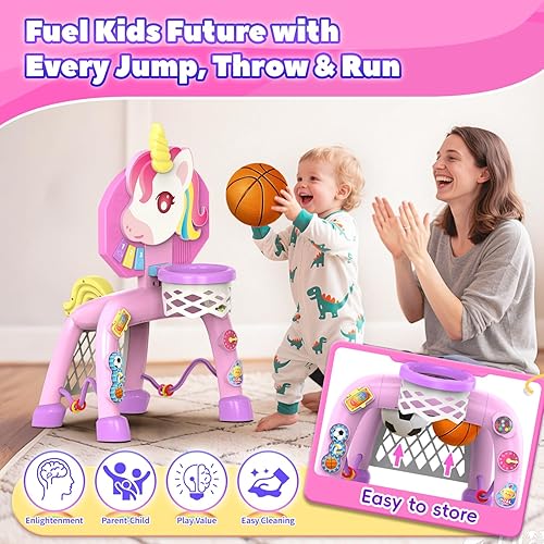 Miniatura 5 de Aro de baloncesto y portería de fútbol para niños pequeños, juguete para bebés para niñas de 1, 2 y 3 años, juguetes de centro de actividades para