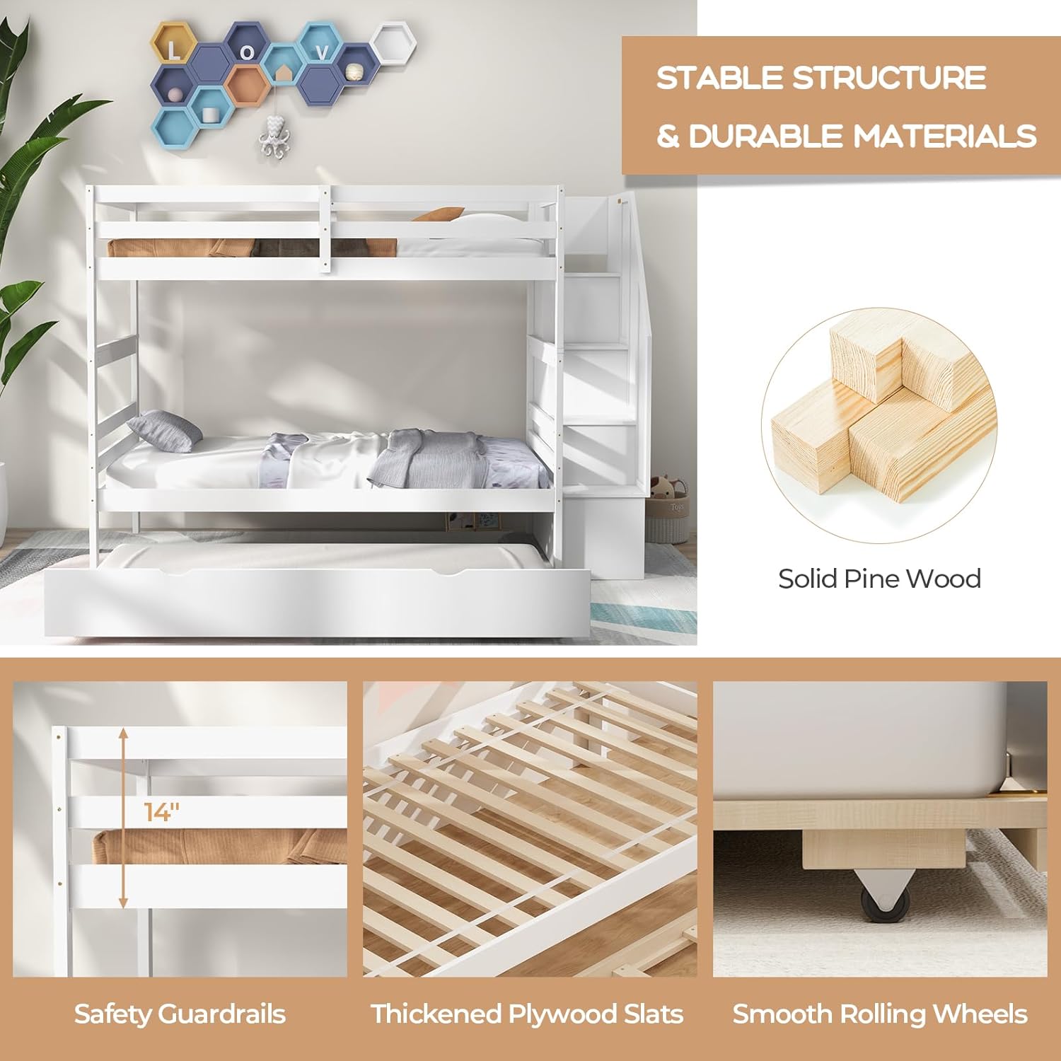 KOTEK Twin Over Twin Bunk Bed with Trundle and Stairs, Solid Wood Bunk Bed Frame with Storage Shelf, Bunk Beds Detachable into 2 Platform Beds for Kids Teens Adults (White)