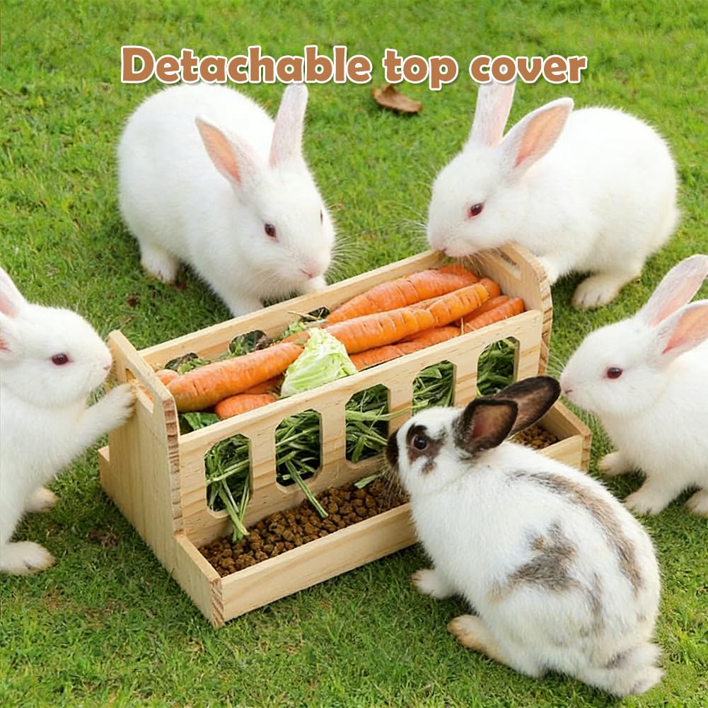 Gran comedero para conejos y cobayas, accesorios para conejos, comederos con soporte para zanahorias de madera natural sin tratar, 30 x 22 x 18 cm, comedero para conejos, accesorios para cobayas