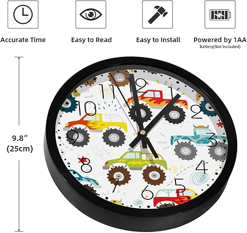 Miniatura 2 de Reloj de pared silencioso con diseño de garabatos de Monster Truck sin tictac, funciona con pilas, para dormitorio, sala de estar, cocina, oficina,