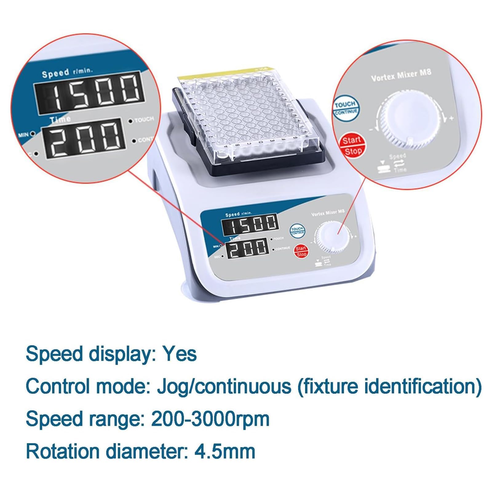 Laboratoryjny mikser wirowy, wielofunkcyjny mikser oscylacyjny laboratoryjny, z 6 wymiennymi modułami, wyświetlacz LCD, prędkość 200-3000 obr./min, czas 1s-999 min, do kolb / płyty ELISA / probówek