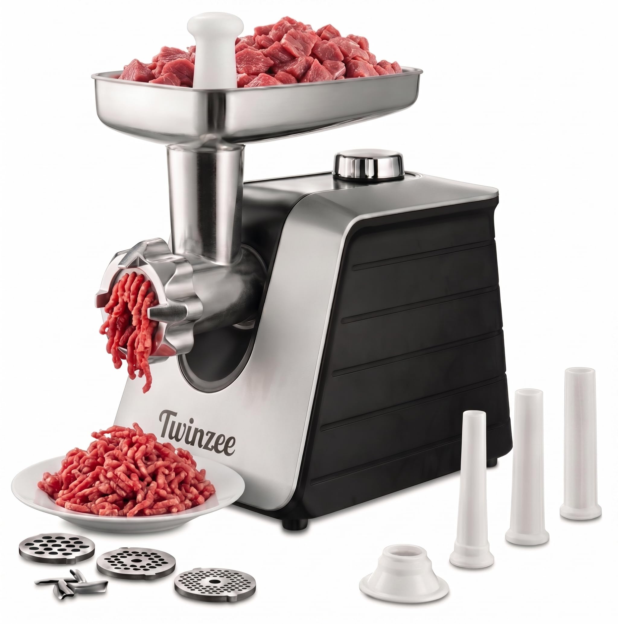Twinzee - Elektrischer Fleischwolf mit Wurstfüller, Schwarz - Für Fleisch und Wurst - Küchenmaschine, Fleischwolf mit 3 Lochscheiben und 3 Wurstaufsätze