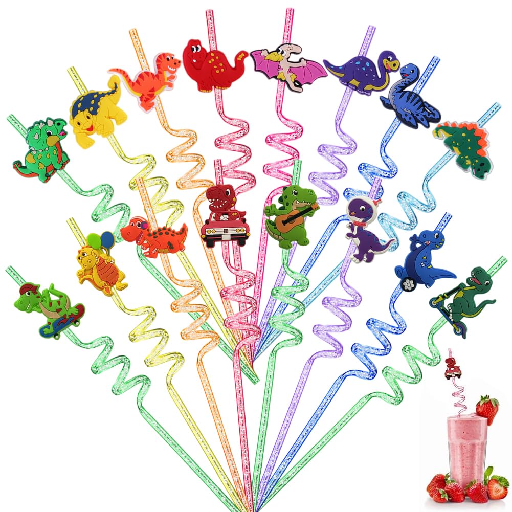 Dinosaur Curly Hard Straws,16PCS Dinosaur Reusable Drinking Straws Washable Twisty Plastic Novelty Straw Cartoon Curly Straw Birthday Party Decorations for Family Gatherings,Juices and Smoothies