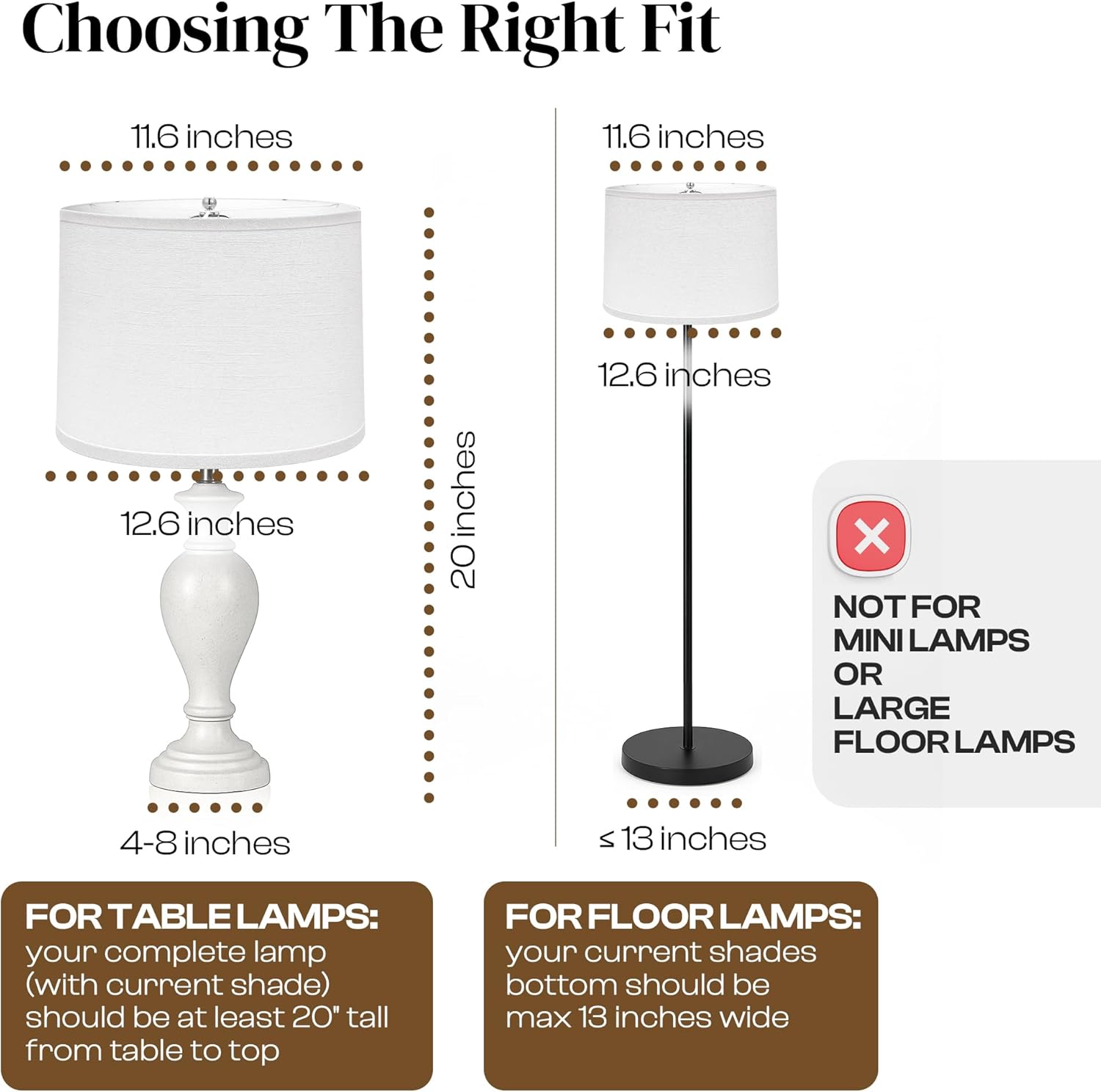 Lamp Shades Set of 2–𝟏𝟏.𝟔” 𝐓𝐨𝐩 𝐱 𝟏𝟐.𝟔” 𝐁𝐨𝐭𝐭𝐨𝐦 𝐱 𝟗.𝟖” 𝐇𝐢𝐠𝐡 Drum Lamp shades–Fits Harp-Style Bedside & Floor–Easy Assembly(Ships Rolled Flat) (White - Pack of 2, Medium)