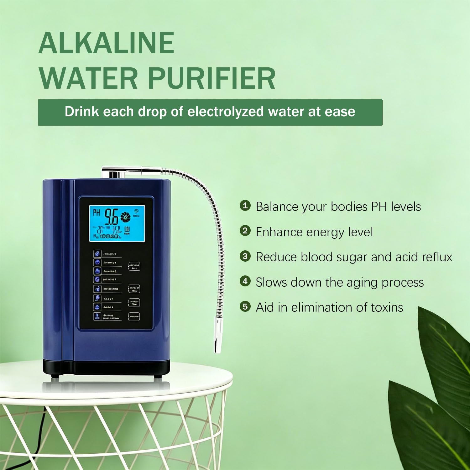 Ionizzatore d'Acqua alcalina, 5 Piastre in Titanio, ORP Fino a -500mV, Filtro da 8.000 Litri, 7 impostazioni dell'Acqua, PH 4-10,5 per Acqua alcalina e acida, autopulizia White