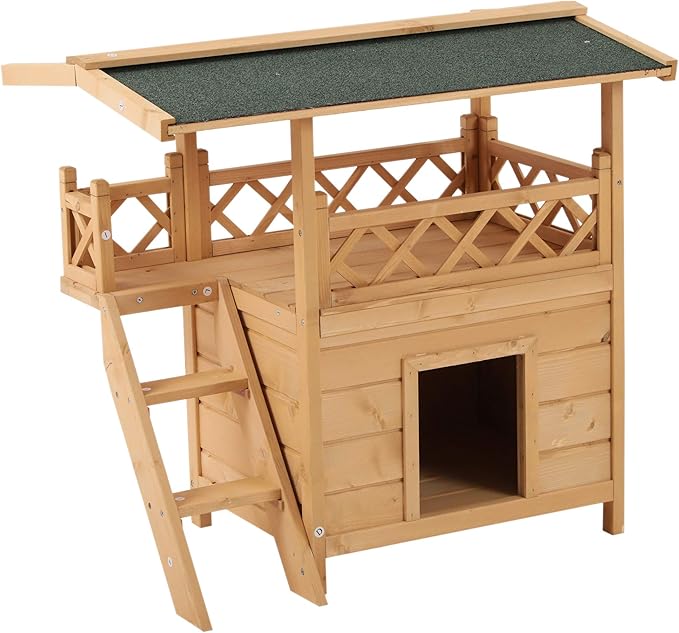 Pawhut 2-Story Indoor/Outdoor Wood Cat House Shelter with Roof
