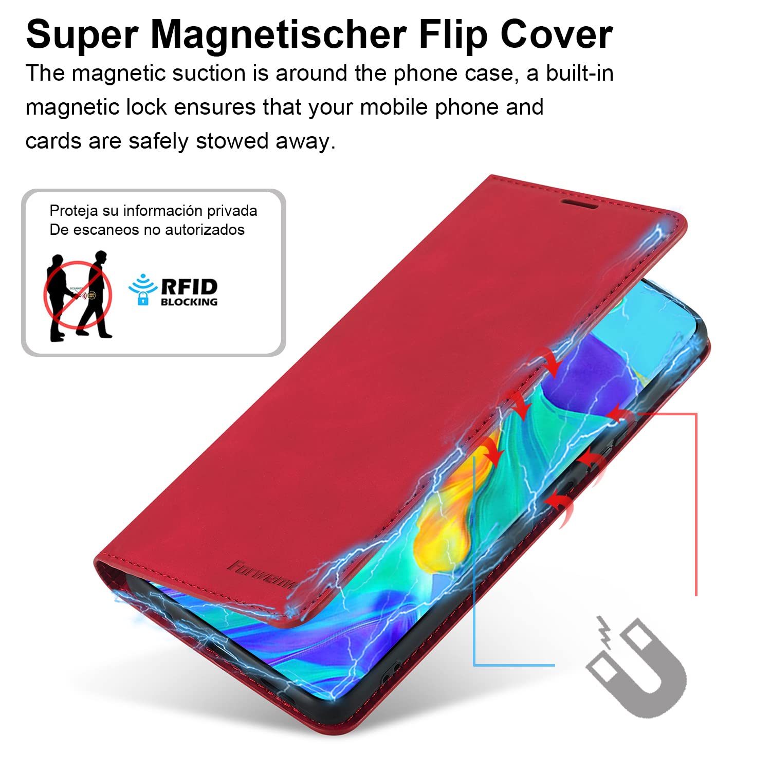 Custodia Portafoglio In Pelle Per Huawei P30 Pro Con Vetro Temperato Incluso - Protezione Antiurto, Supporto Integrato E Slot Per Carte