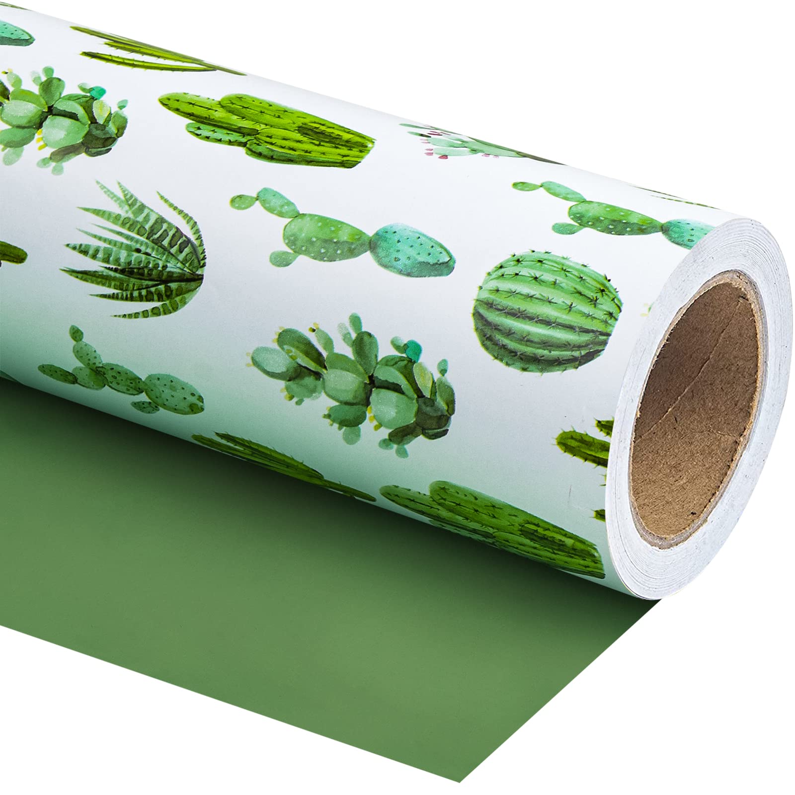 WRAPAHOLIC Reversible Cactus Wrapping Paper - Mini Roll - 17 Inch X 33 Feet - Watercolor Green Cactus Hawaii Wrapping Paper for Birthday, Wedding, Bridal Shower, Baby Shower