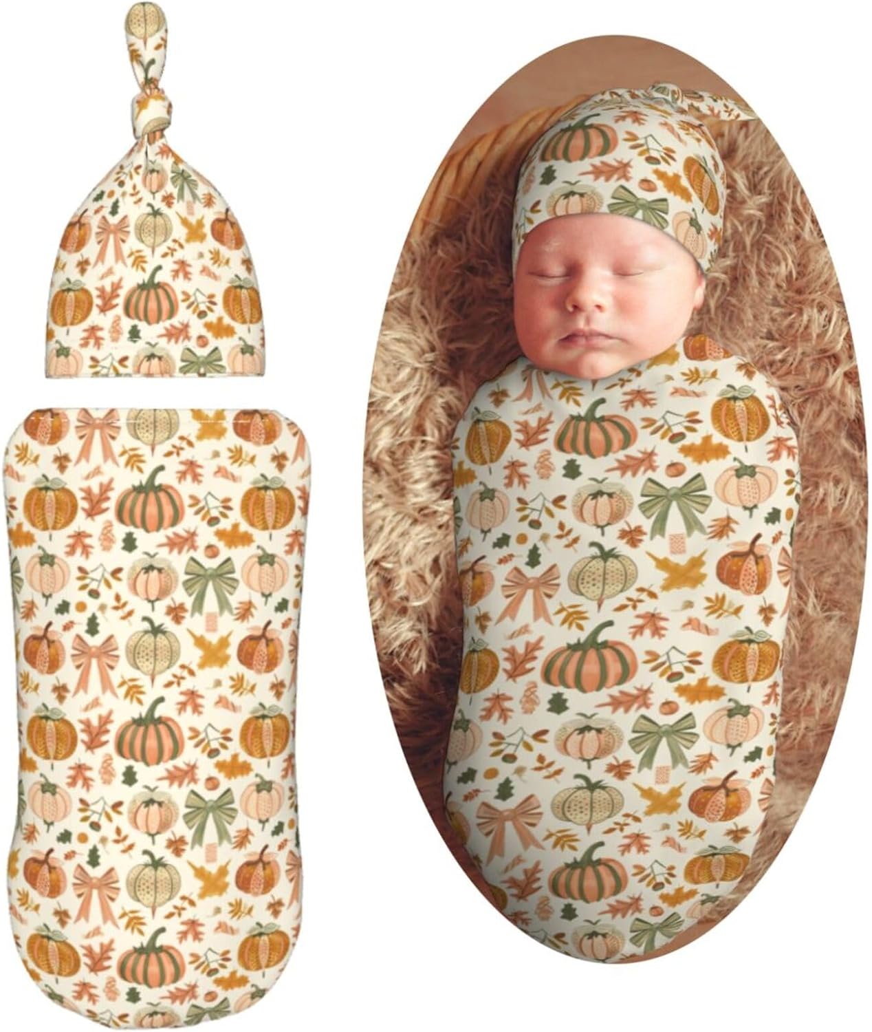 Autumn Pumpkins and Bows Newborn Swaddle Blankets Hat Sets Soft Baby Receiving Blanket Swaddle Sack for Baby Shower Infant Boy Girl Gift