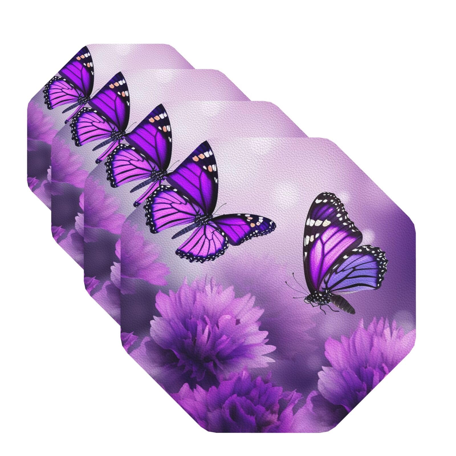 Ousika Purple Flower Butterflies Coasters For Drinks Set Of 4 Non-Slip Leather Coaster Heat Resistant Drink Coaster For Tabletop Protection Absorbent Cup Mat For Coffee Table Decor Octagon