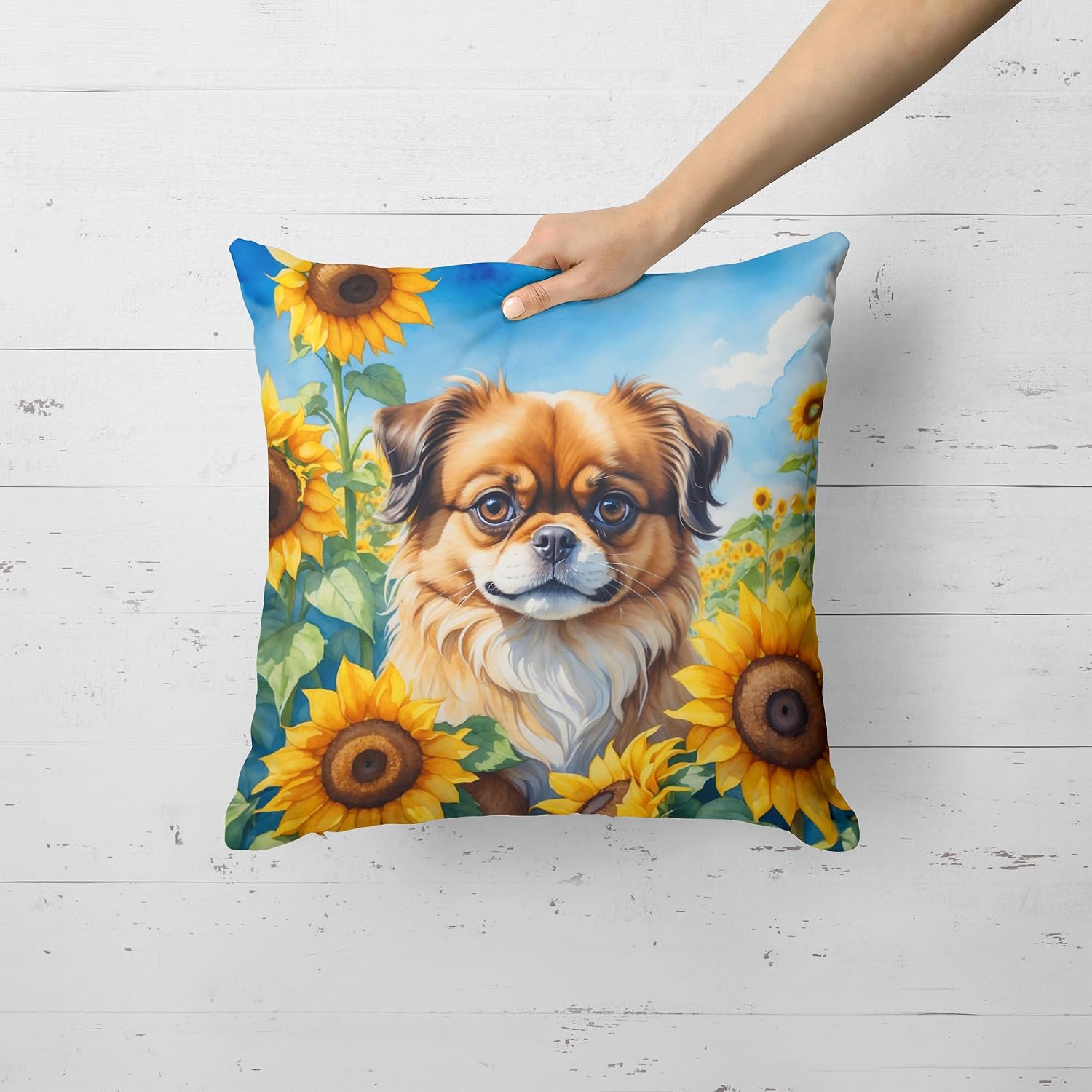 Caroline's Treasures in Sunflowers Throw Pillow, 18Hx18W, Tibetan Spaniel 6167