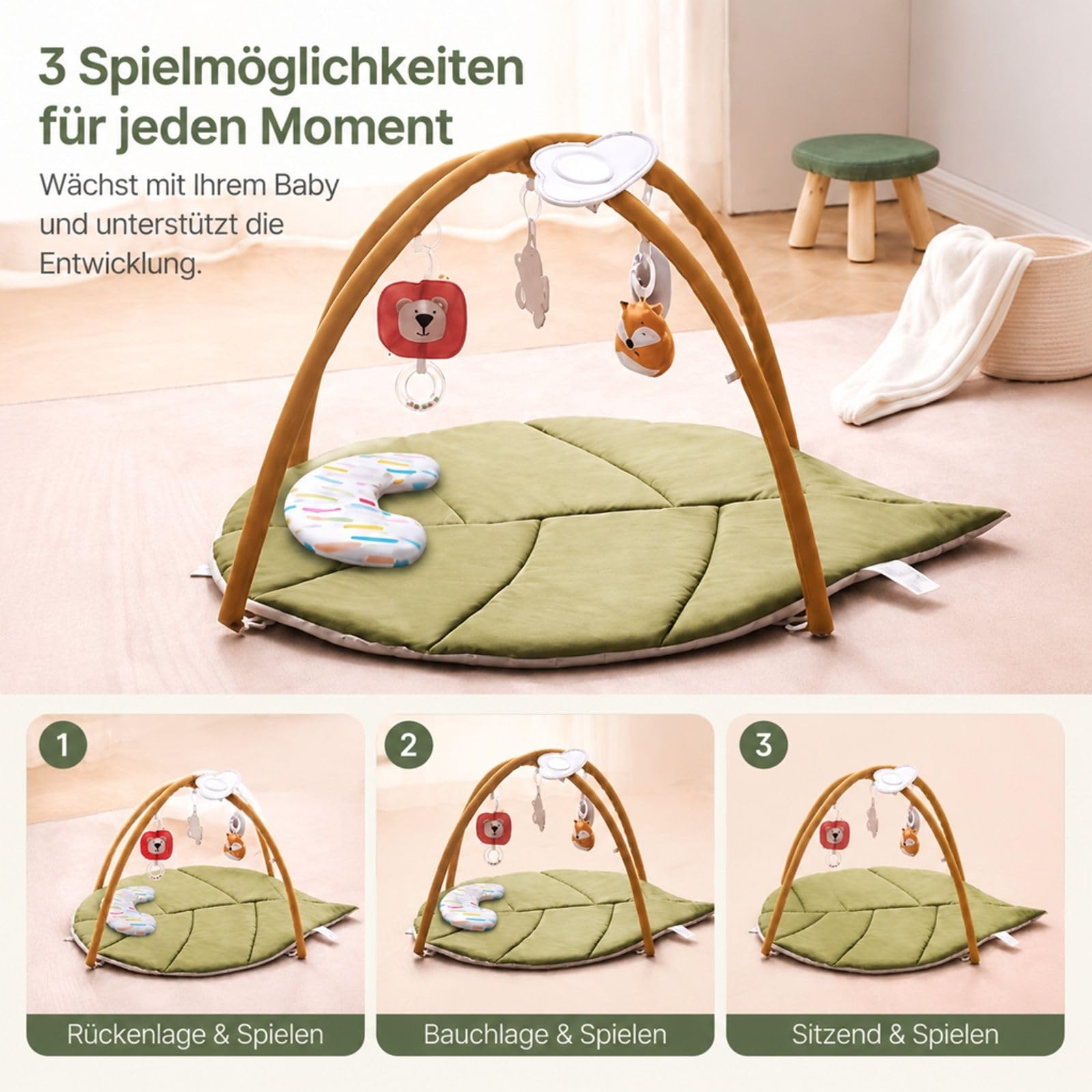 Spielmatte mit Spielbogen und 6 hängenden sensorischen Spielzeugen für Bodenbereich
