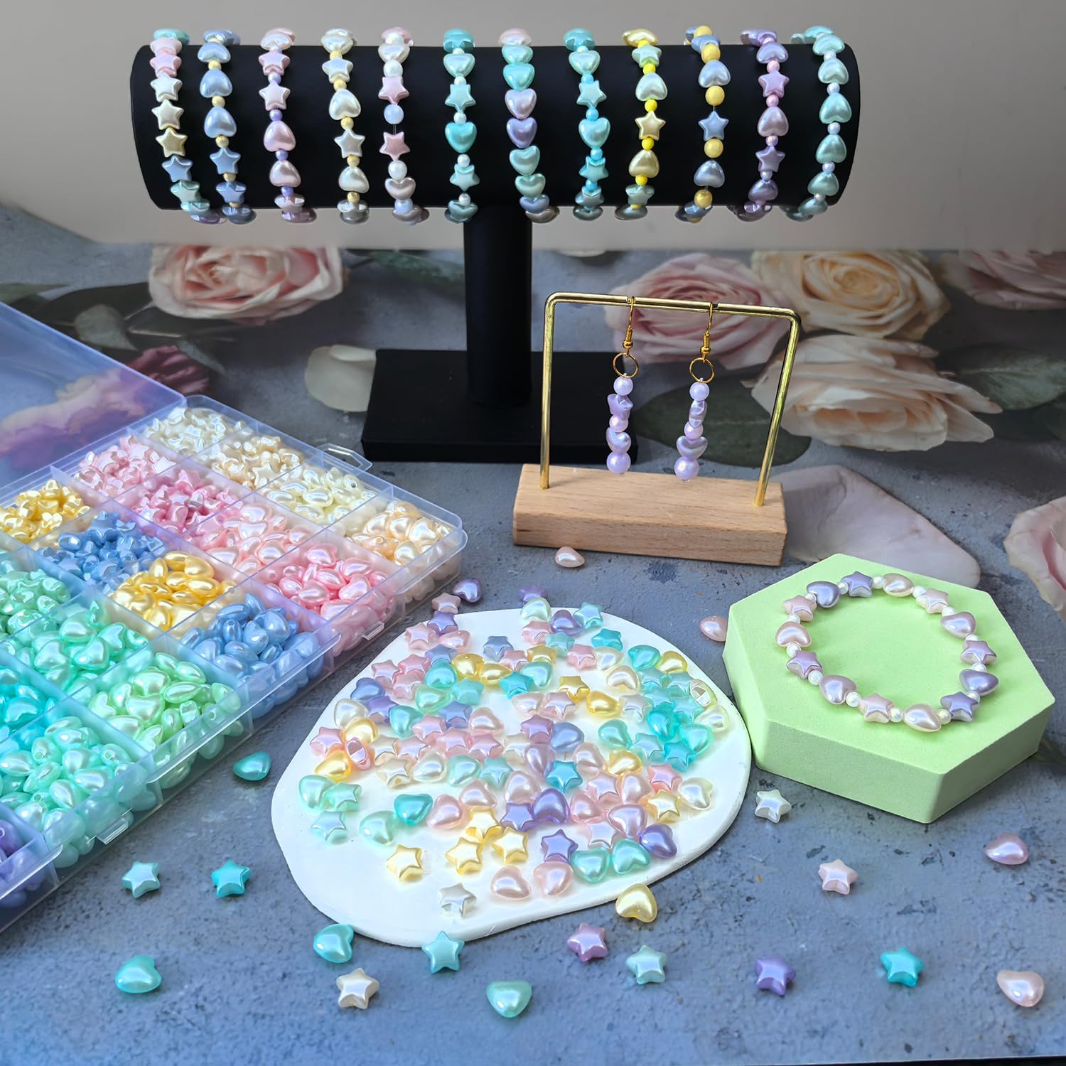1000Pcs Acrylic Star Beads Hart Beads for Bracelet Jewelry Making, Pearlescent Acrylic ABS Pastel Colorful Cute Assorted Aesthetic Kawaii Bead for DIY Necklace Keychain Earing Phone Charms - Image 3