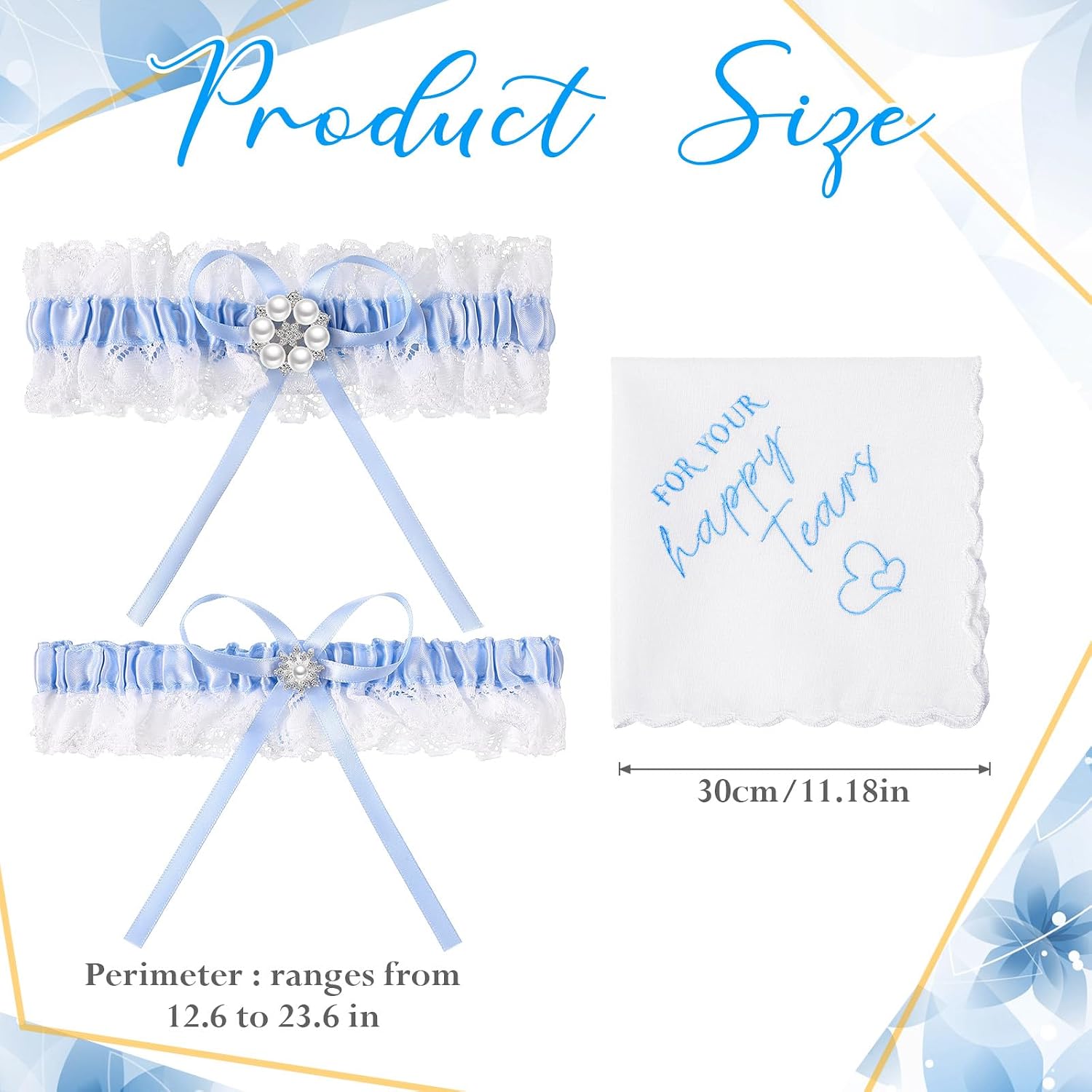3 Pcs Bride Blue Garter Wedding Gift Includes 2 Pcs Blue Wedding Garters for Bride and 1 Piece for Your Happy Tears Handkerchief for Daughter Women