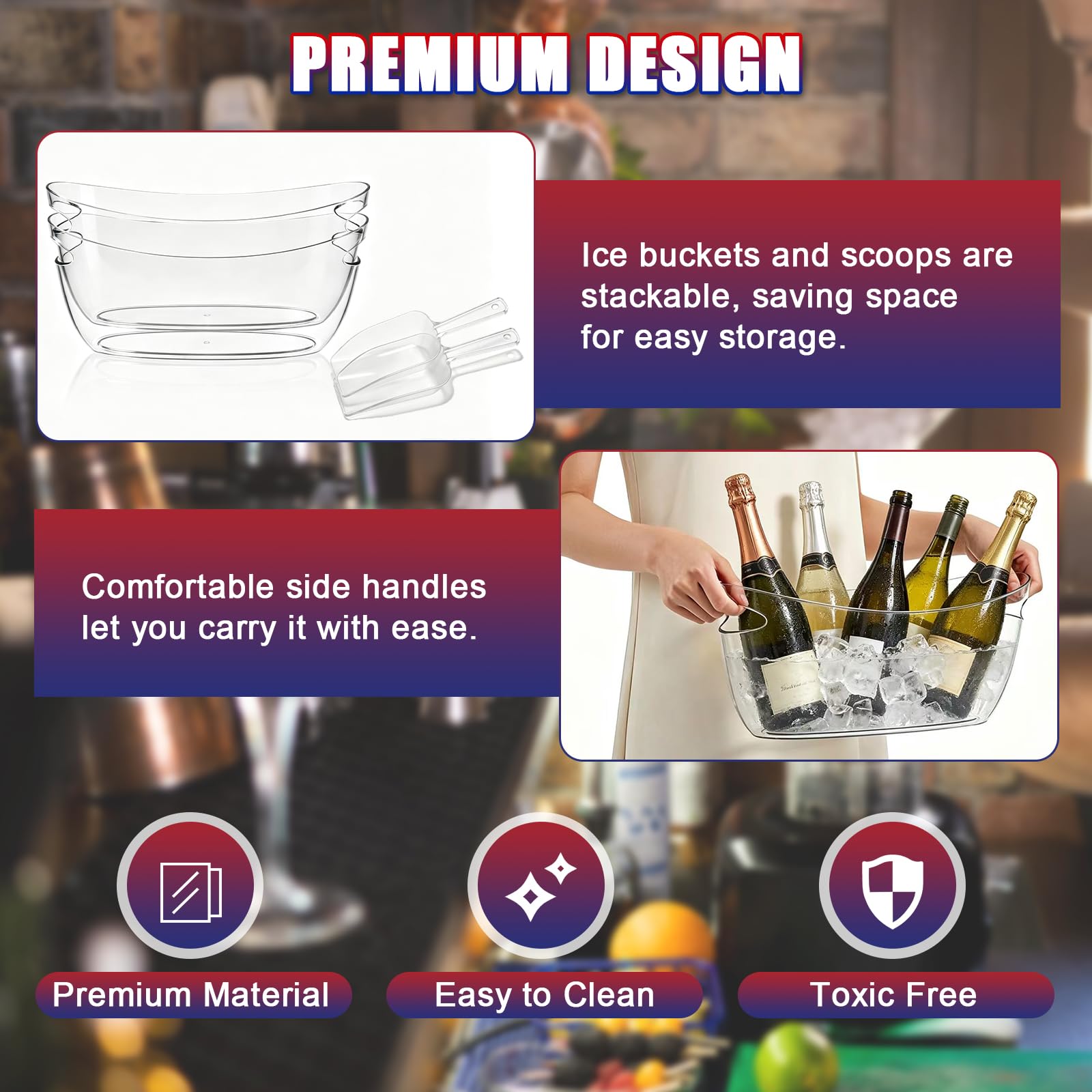 NYXOVA Paquete de 2 cubos de hielo acrílicos transparentes de 5 litros con cucharas, grandes tinas para bebidas, champán, vino, cerveza, cócteles y suministros de bar de mimosa