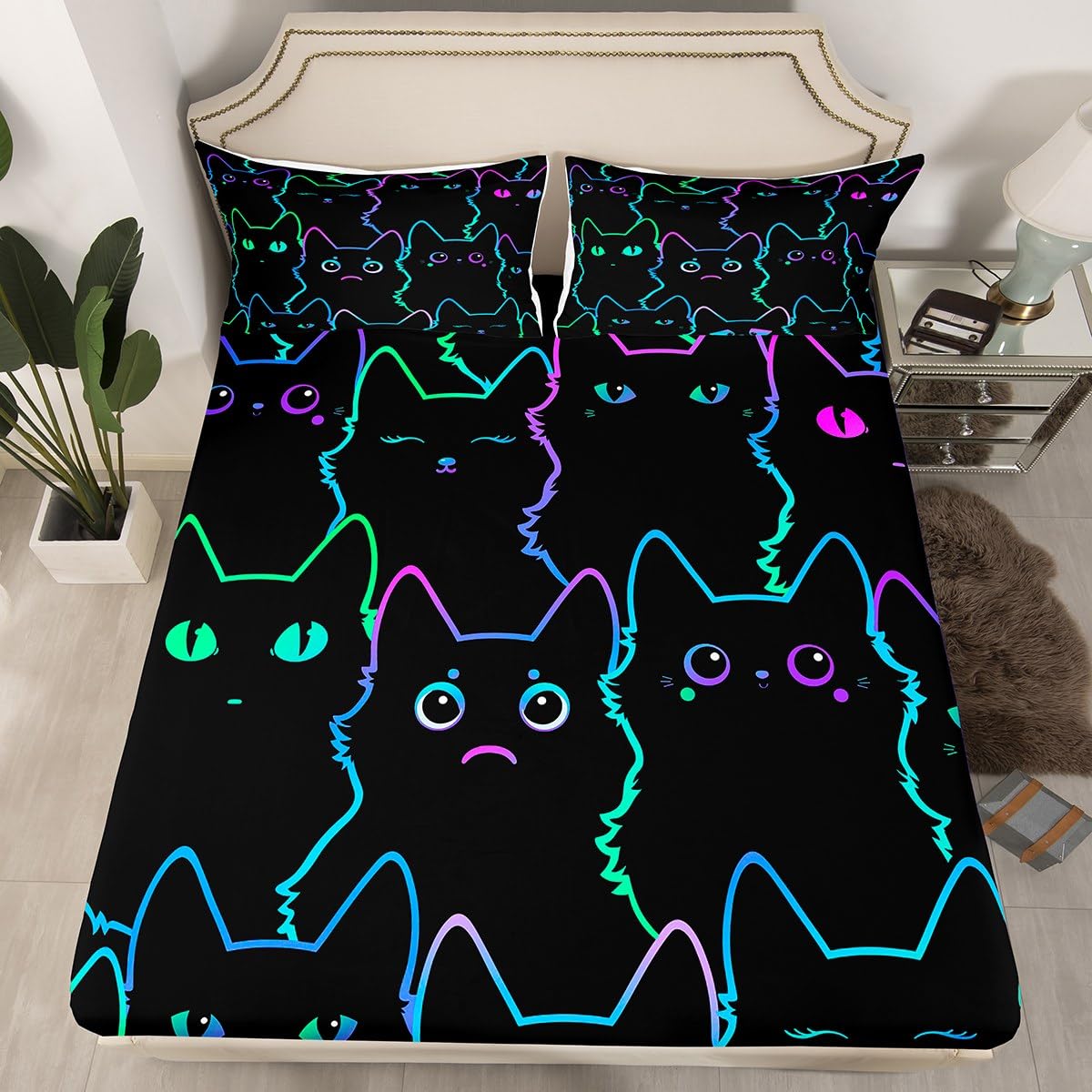 Cartoon Cat Bed Sheets Full Bedding Set,Kids Boys Girls Cute Animal Fitted Sheet Gradient Line Neon Black Cat Sheets,Watercolor Kitten Pet Cats Kawaii Room Decor