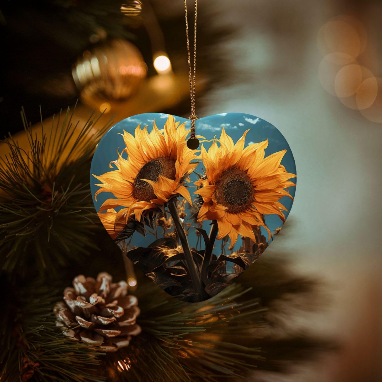 Christmas Tree Ornaments Ceramics Christmas Decorations Fantasy Sunflower Ornaments with Gold Ribbon Porcelain Xmas Tree Crafts Heart Shape Hanging Pendant for Christmas Tree Party Decor