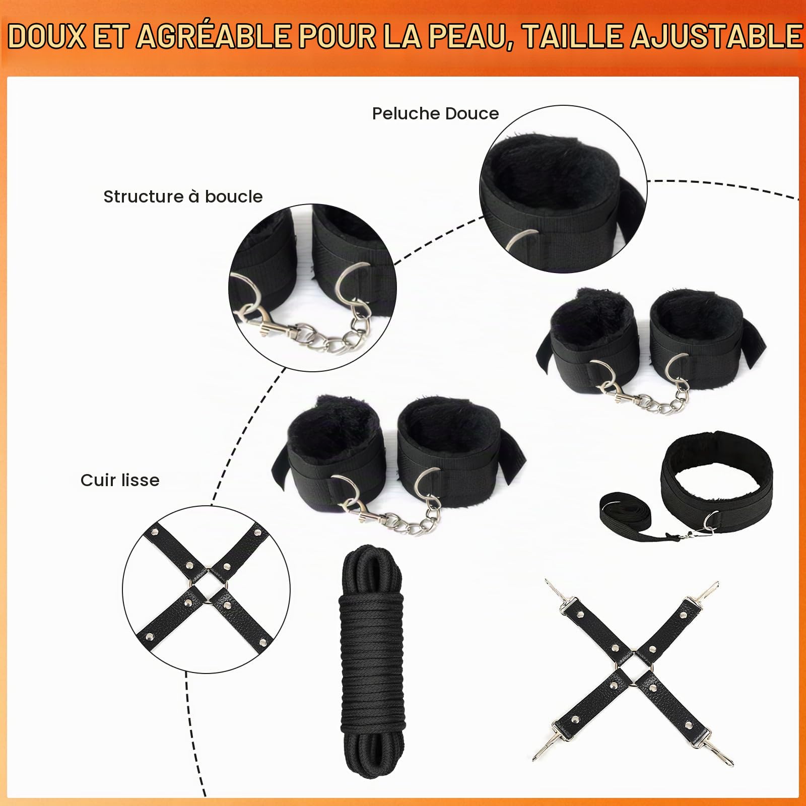Ninonly Kits de Bondage 26 Pièces Jouet Adulte Couple | Menottes Réglables, Entraves pour Pieds, Fouet, Masque pour les Yeux, Tige à Plumes, Vibrateur