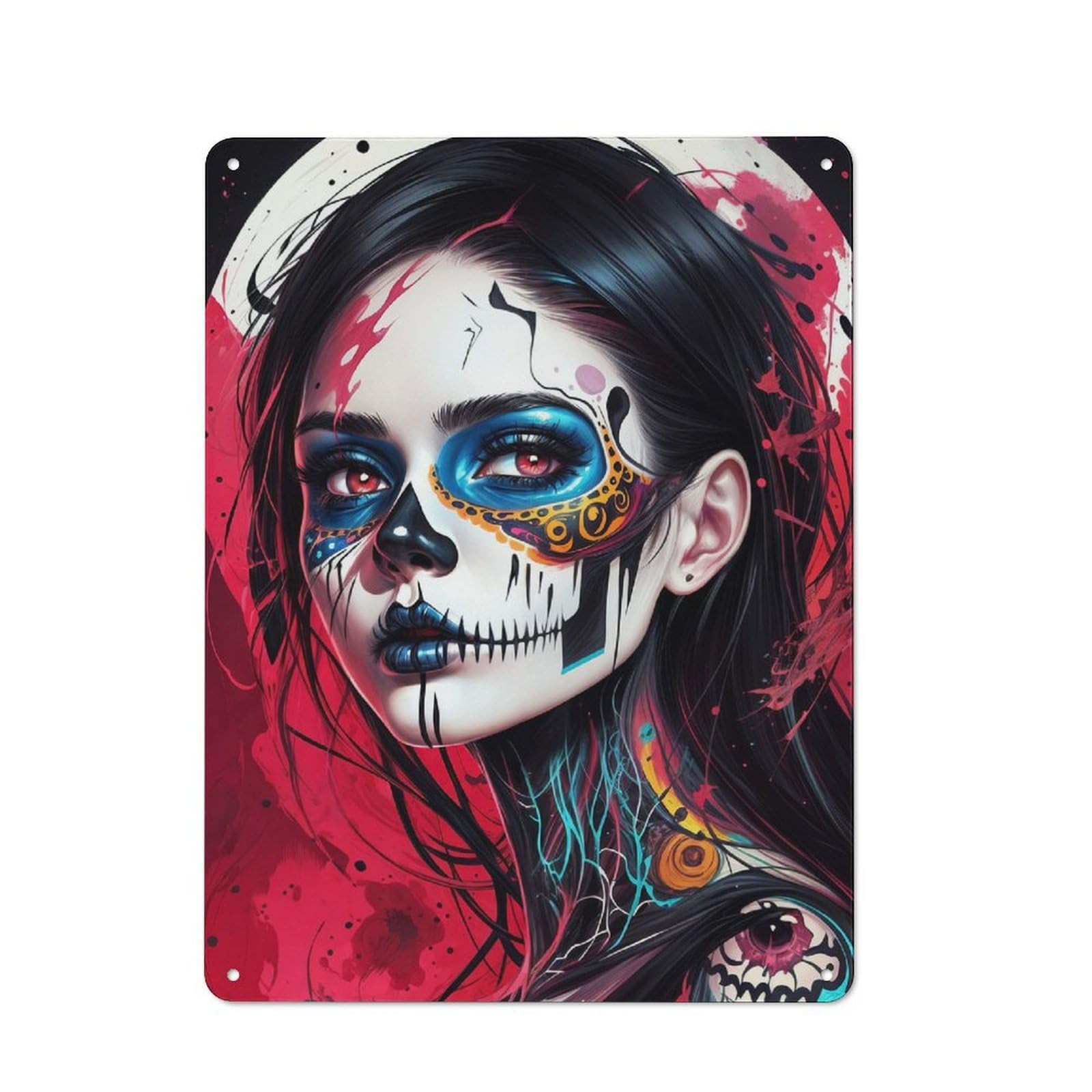 Junmoney Sugar Skull Makeup Metal Wall Sign 40X30cm Featuring For Home Bar Wall, For Themed Interiors In Home Bars And Entertaining Spaces