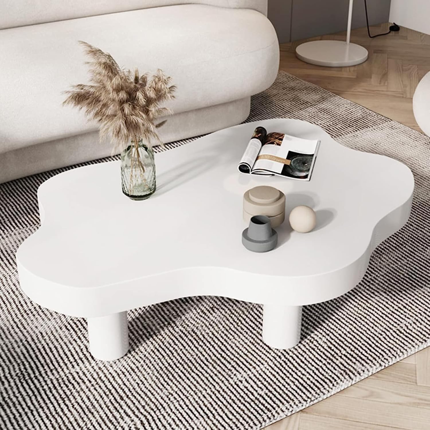 Solid Wood Coffee Table,Cute Cloud Shape,Round Corner Irregular Coffee Table End Table,Modern Accent Coffee Cocktail Table with 3 Legs for Living Room(27.5" Lx18 Wx16 H, White)