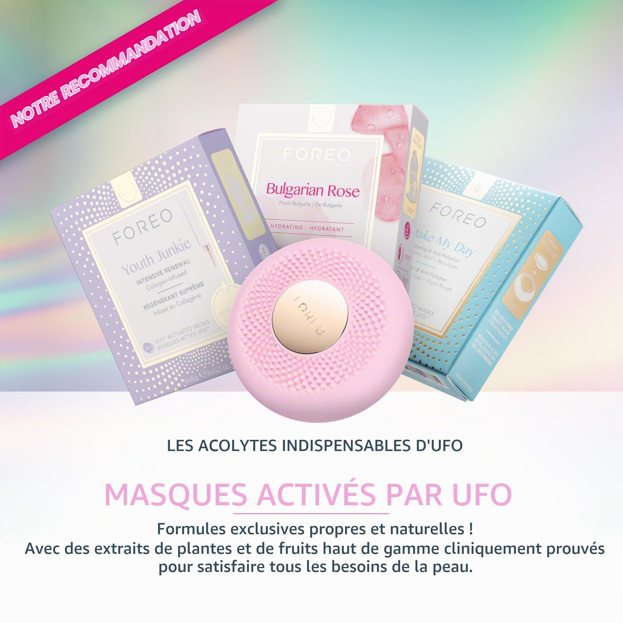 FOREO UFO 3 mini masque hydratant visage 4 en 1 - Anti-âge - Luminothérapie LED à spectre complet et lumière rouge - Thermothérapie - Massage visage T-Sonic - Connecté par application - Pearl Pink
