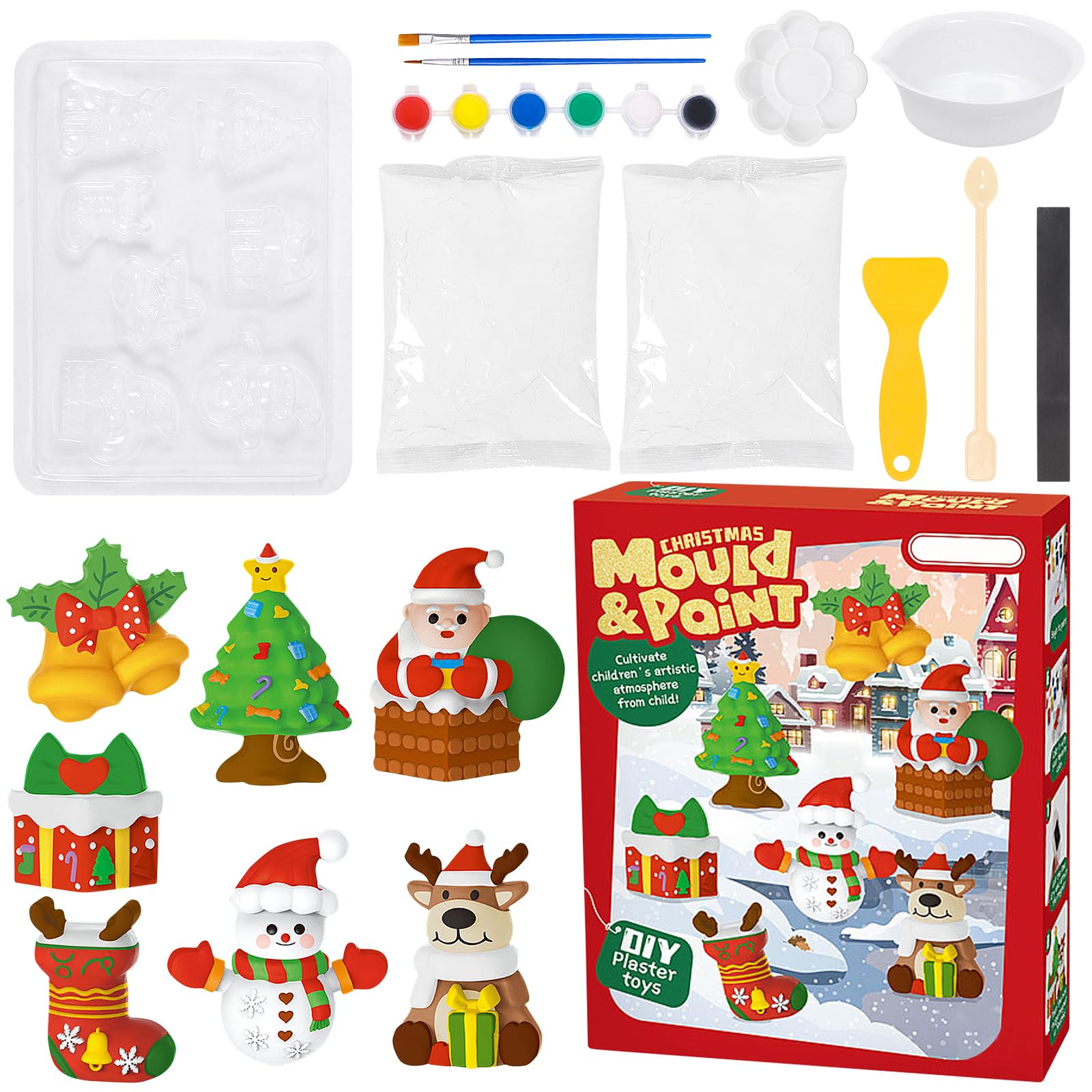 Bastelset Weihnachten, Gipsfiguren zum Bemalen, Weihnachten Gipsgießen Set mit 7 Muster, Gips Giessen Malset, Gips Figuren zum Bemalen, Weihnachts Basteln, Kreatives Selber Gießen Malset Geschenk Spielzeug