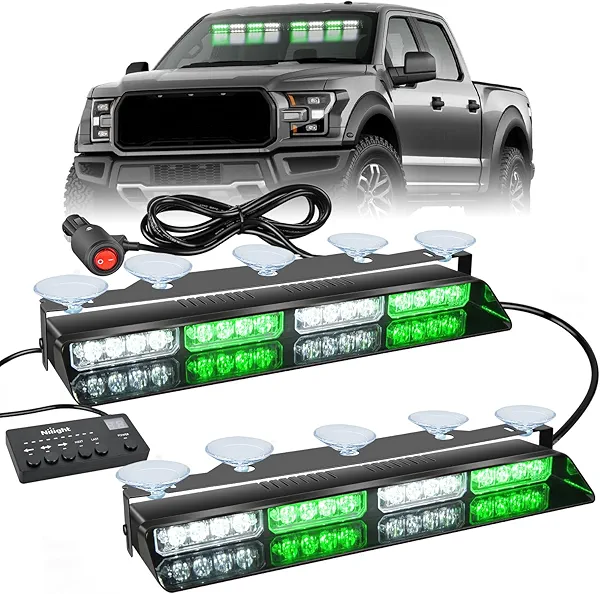 Nilight 32LED Green White Emergency Dash Strobe Lights with Controller Suction Cups Warning Hazard Interior Front/Rear Windshield Deck Split Light Bar for Truck Construction Vehicle