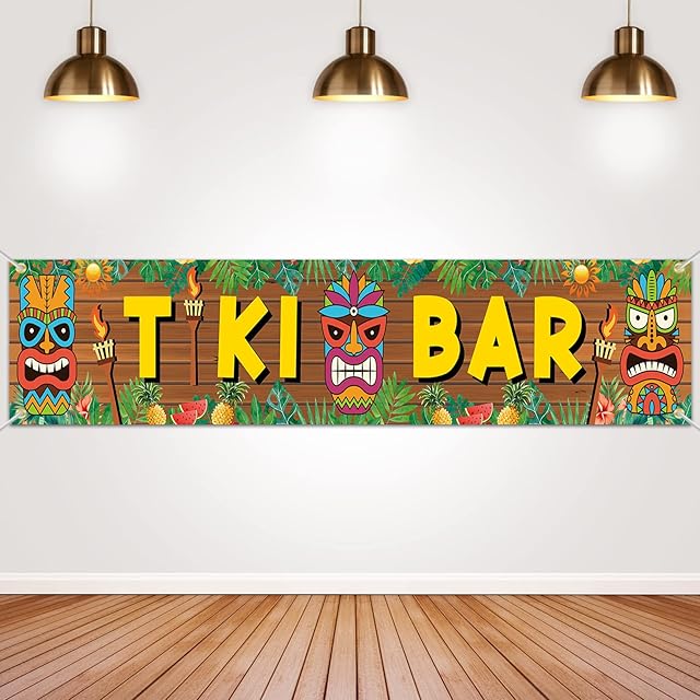 Tiki Bar Banner Hawaiian Party Decorations Backdrop - Tropical Party Supplies for Luau Birthday Baby Shower Carnival Summer Party Backdrop Indoor Outdoor Hawaii Tiki Decorations, 70.8 x 12.5 Inch
