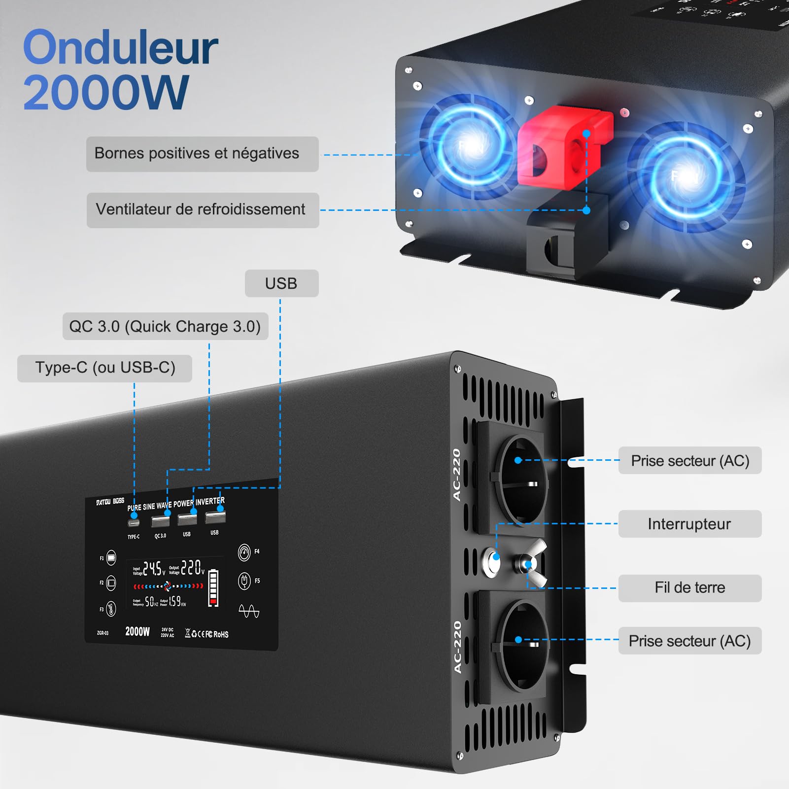 DATOUBOSS Convertisseur 24v 220v Pur Sinus 2000W，Transformateur 4000W Crête, Onduleur avec 2 Prises UE, 4 USB Ports (1x QC3.0, 1x USB-C, 2x USB-A), Tlécommande, Écran LCD，pour Voiture, Camion, Camping
