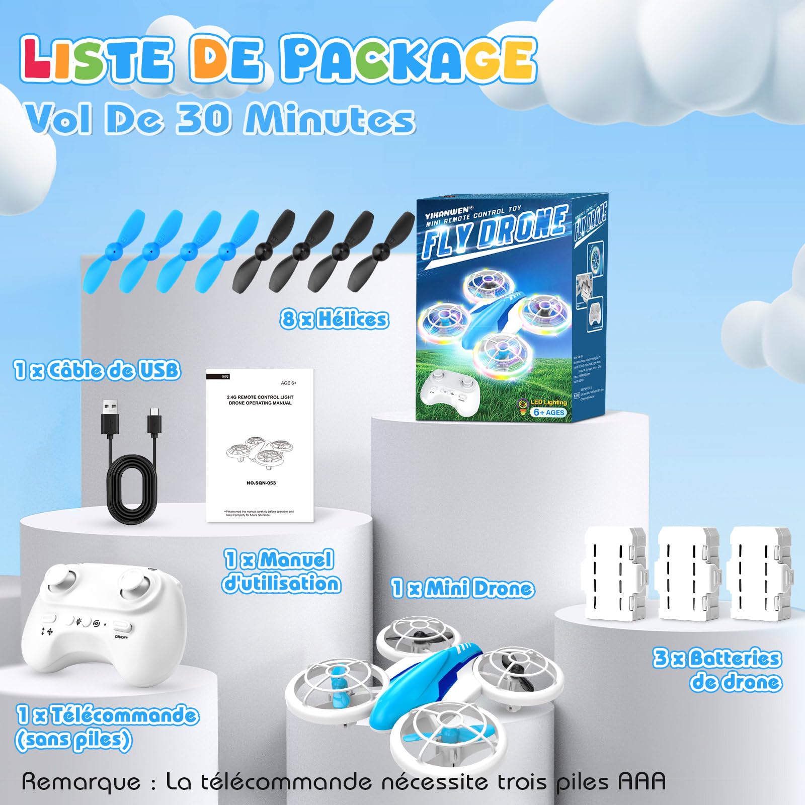 YIKANWEN Drone Enfant, Mini Drone Télécommandé de 6, 7, 8, 9, 10+ Ans, Jouet Avion avec Lumières LED et Piles, Cadeaux pour Garçons et Filles, Convient pour Usage Intérieur et Extérieur
