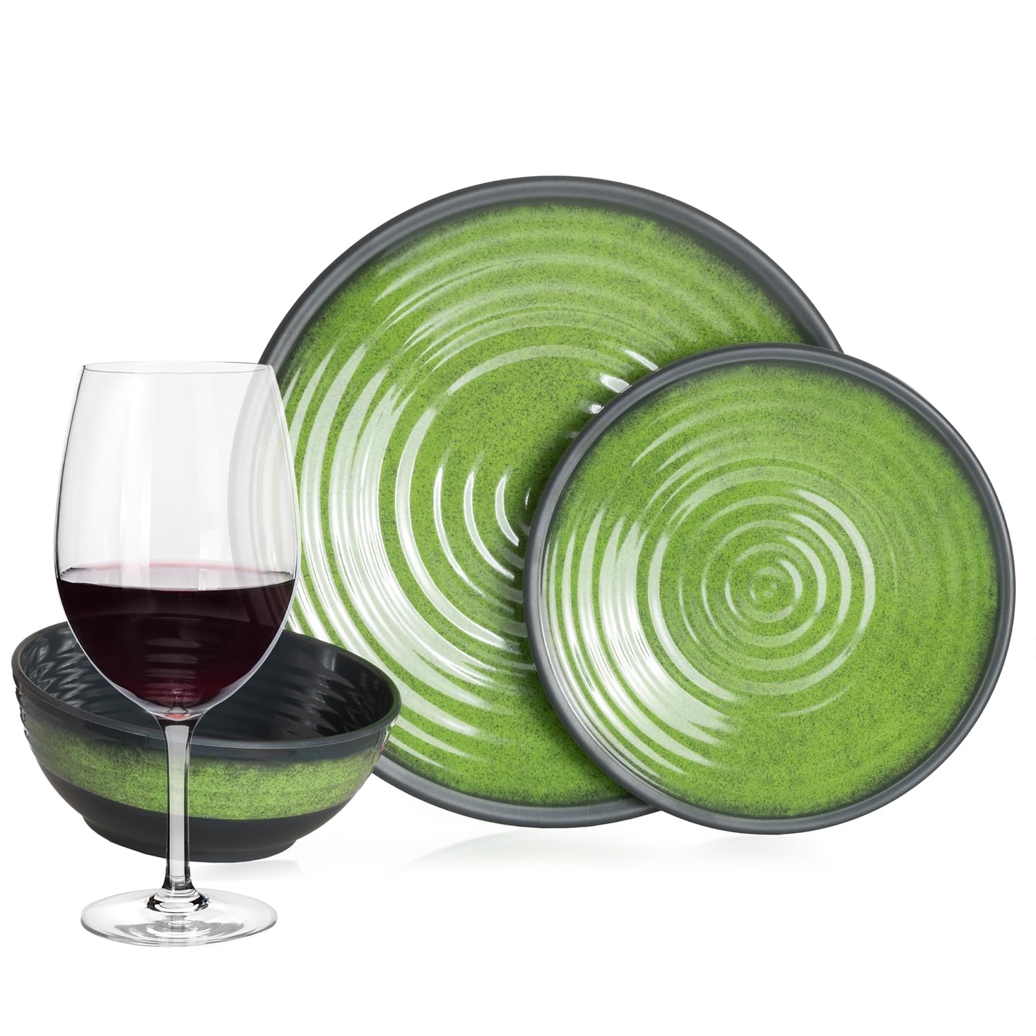 Vajilla de melamina para camping, 4 personas, color verde piedra + 4 vasos de vino tinto Timo, copas de vino rojo, vajilla de pícnic, barbacoa