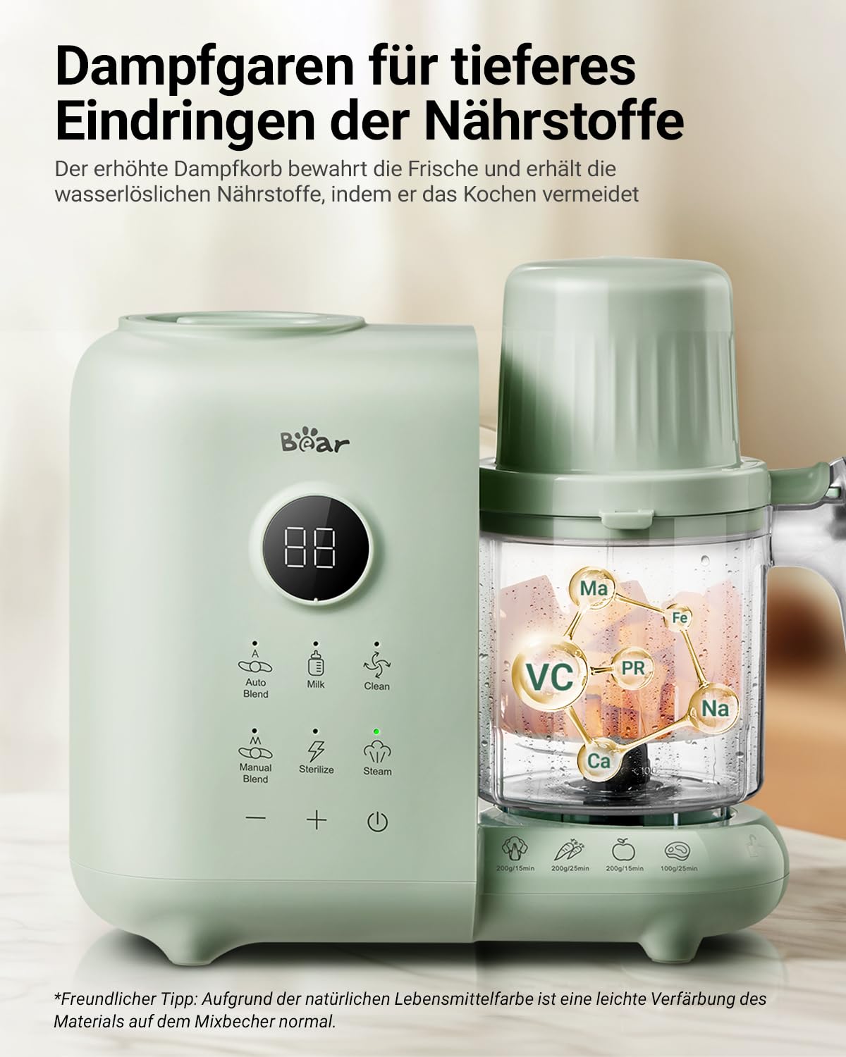 Bear 6-in-1 stoompan met mixer, premium babyvoedingsbereider, stomen, automatisch roeren, melkverwarming, desinfectie, zelfreinigende functie, automatische reinigingsfunctie, BPA-vrij (wit