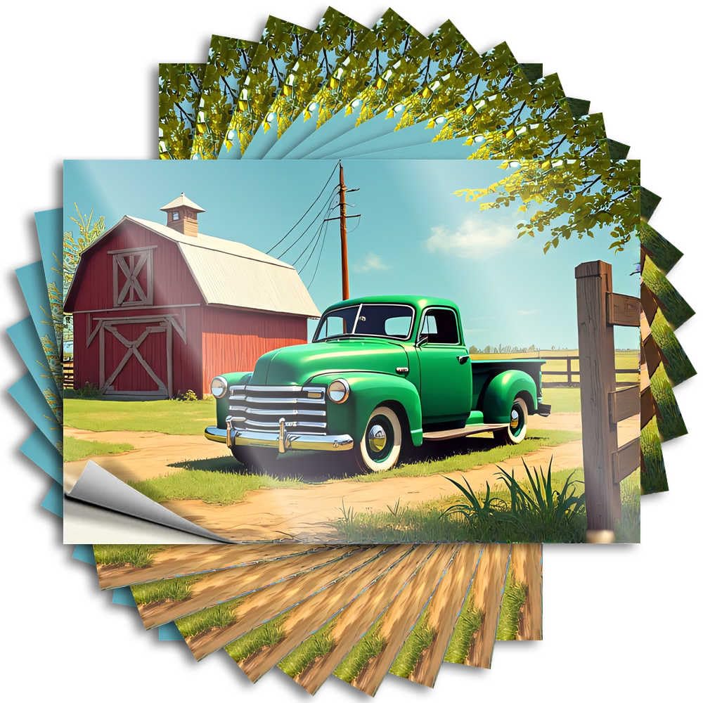 Aesthetic Decals - Snarky Coffee Cover Vintage Green Pickup Truck in Front of Red Barn(8X12CM)