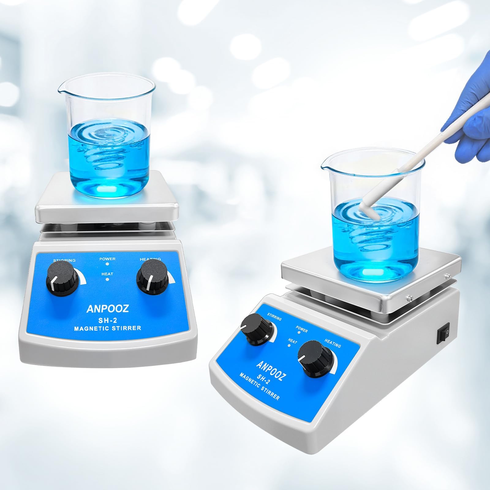 Agitatore magnetico con piastra riscaldante, potenza di riscaldamento regolabile e velocità di agitazione, asta di miscelazione e retriever inclusi, blu