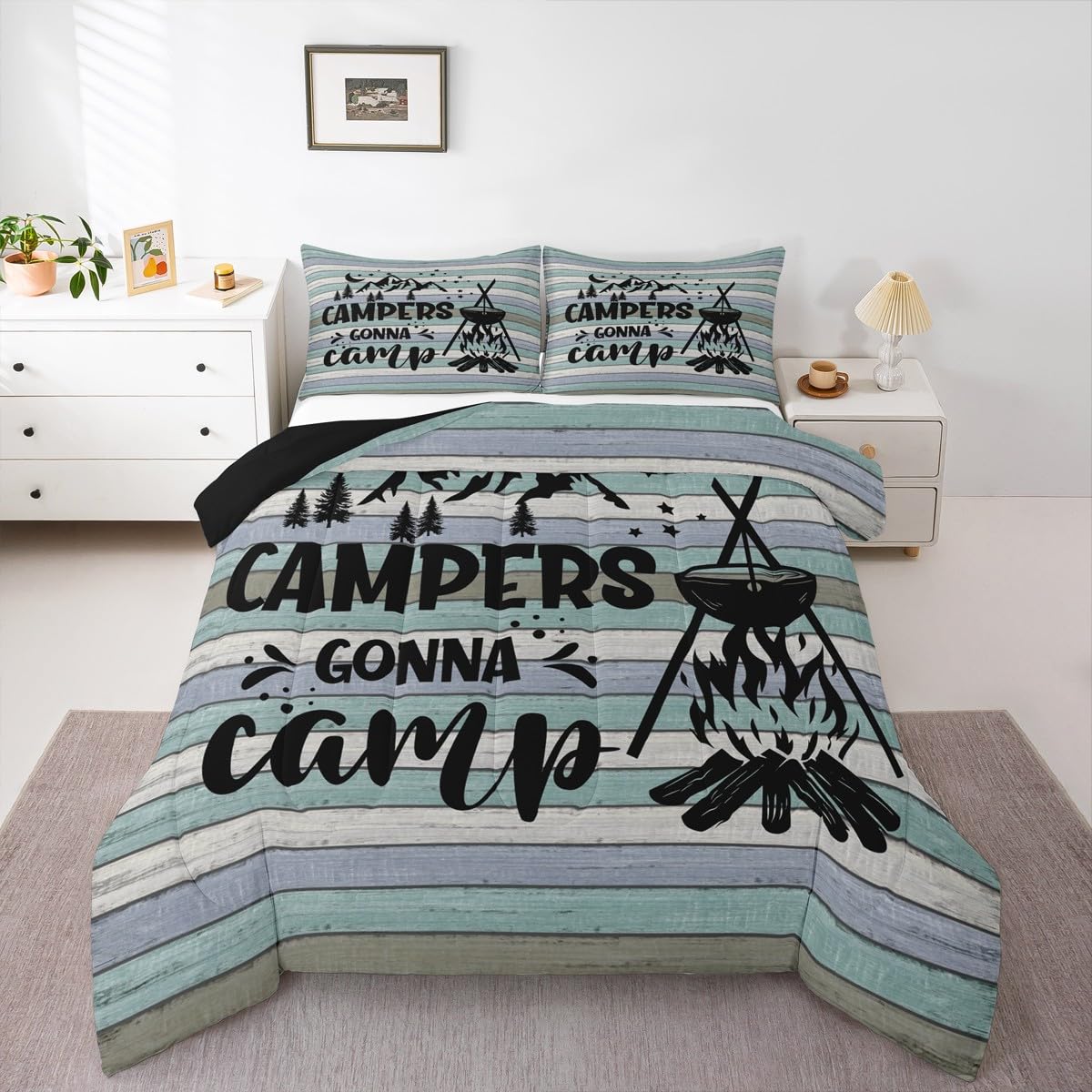 Erosebridal Teens Happy Camping Comforter Set, Camper Bedding Set for Kids Boys Girls Bedroom Decor, Sketch Drawing Quilted Comforter Rustic Farmhouse