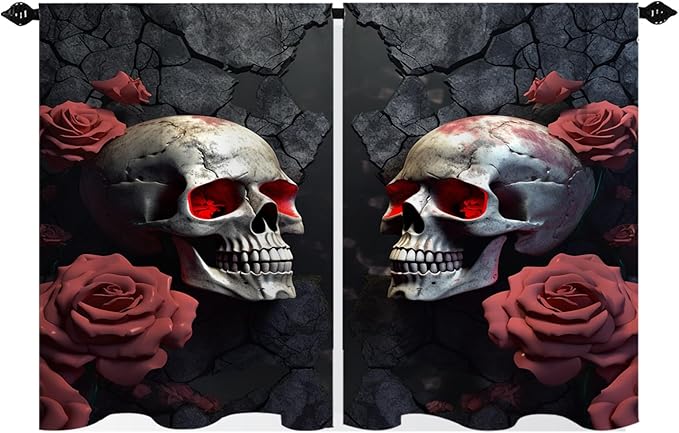 TheBlackSpot Goth Skull Floral Window Curtains Over Sink Horror Skeleton Bathroom Curtain Halloween Kitchen Valances for Cafe Basement Bay RV Rod Pocket Windows Drapes 2 Panels 27.5