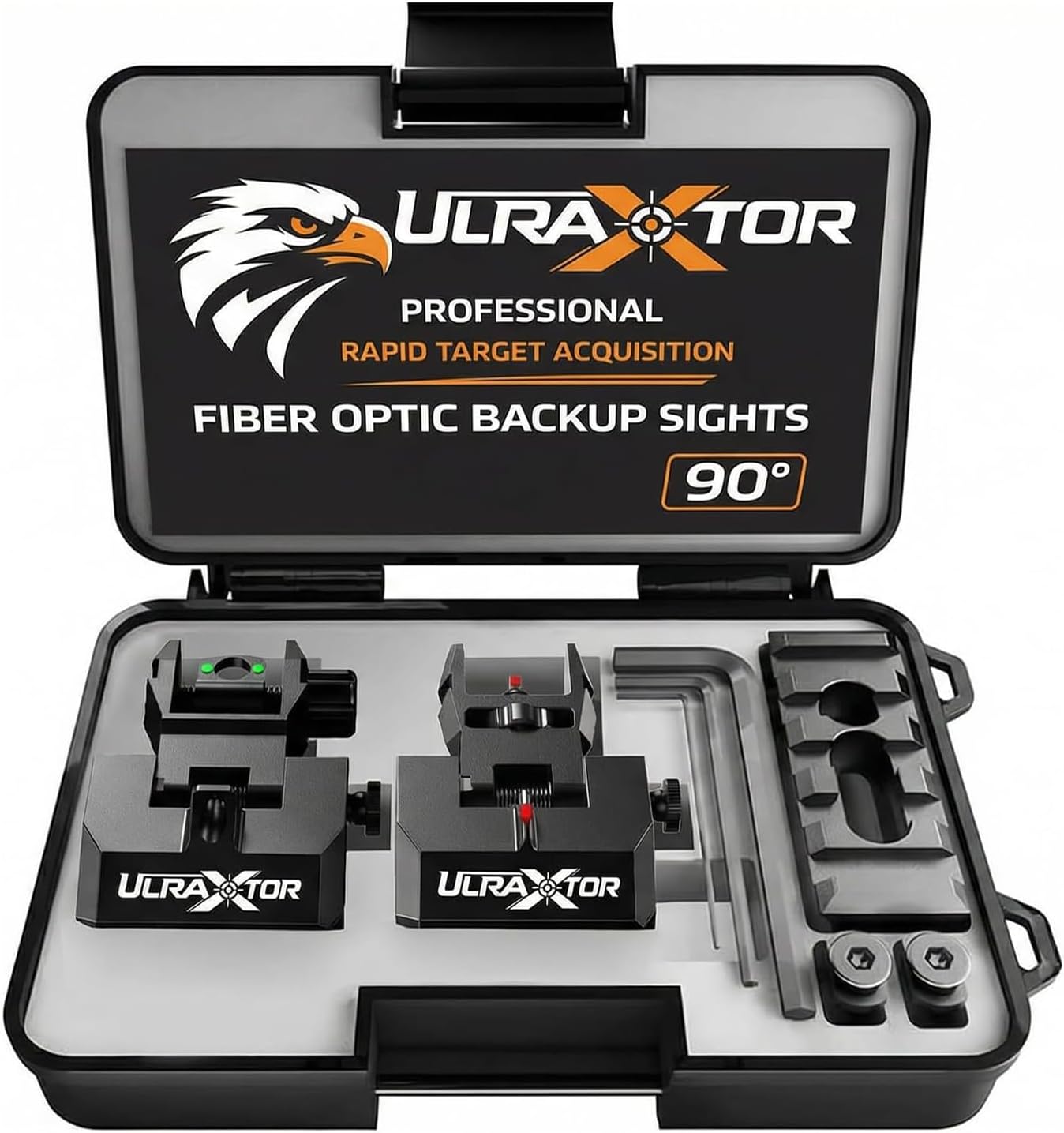 Upgraded Fiber Optic Flip Up Iron Sight Set for Picatinny Rail | Low Profile Front & Rear Backup Sights with Red/Green Fiber Dots & Base Fiber Reference | Tool-Free Adjustable Rear Sight