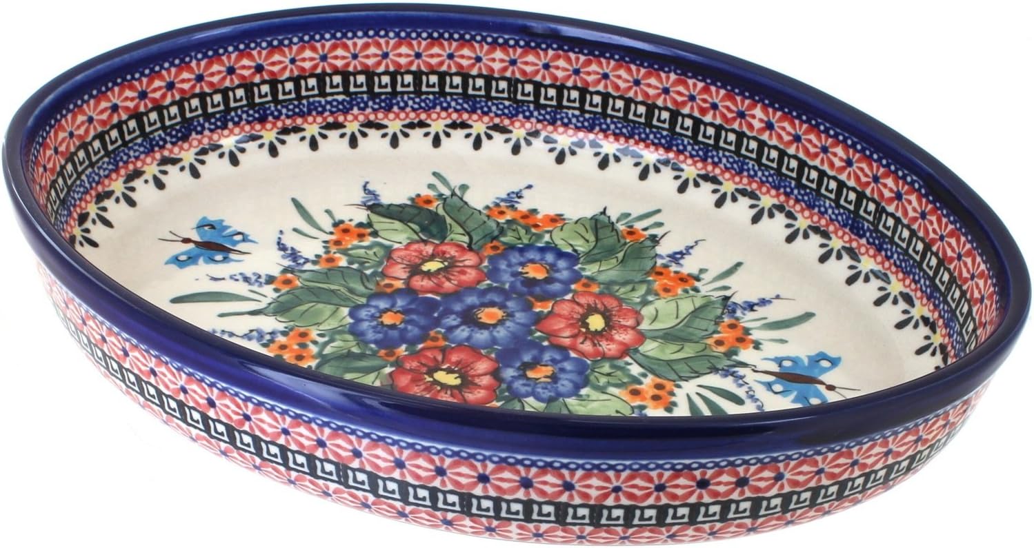 Blue Rose Polish Pottery - Blue Stars Medium Oval Baker - 12.5" x 9" - Unique, Dishwasher Safe, & Durable Bakeware