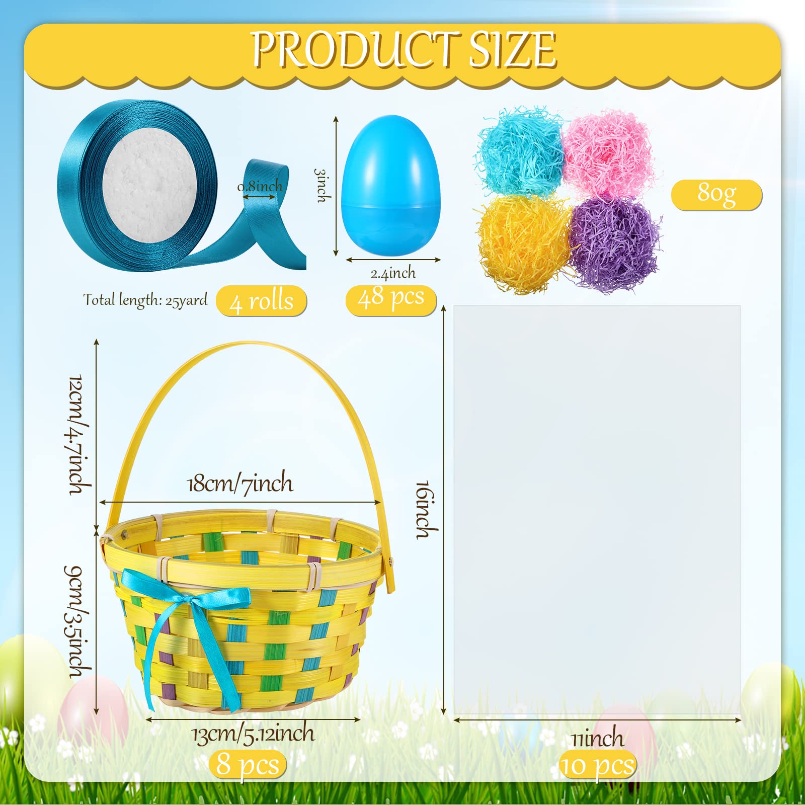Il set di cestini pasquali in bambù intrecciato con manici include cestino rotondo pasquale, brandello d'erba, uova di Pasqua riempibili in plastica, nastro di raso colorato, sacchetto di plastica
