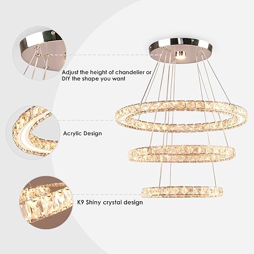 Miniatura 7 de Candelabros LED modernos de cristal, lámpara de techo de tres anillos, luz colgante con acrílico para dormitorio, comedor, pasillo (blanco cálido