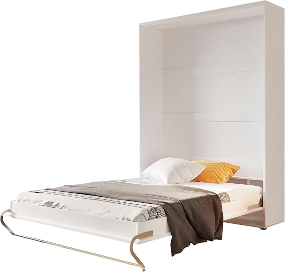 Arthauss Vertical Wall Hidden Pull-Out Double Storage Bed with LED 140cm - Fold Down Bed in White Matt - Multifunctional and Efficient for Small Rooms - Features Cabinets and Hideaway Design