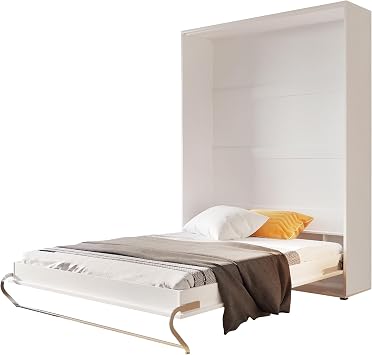 Arthauss Vertical Wall Hidden Pull-Out Double Storage Bed with LED 140cm - Fold Down Bed in White Matt - Multifunctional and Efficient for Small Rooms - Features Cabinets and Hideaway Design