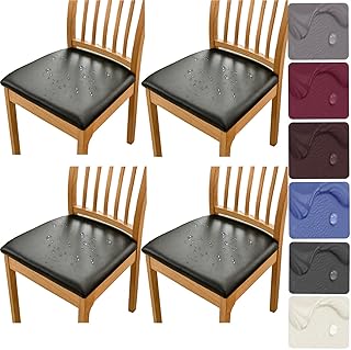 HFCNMY Seat Covers for Dining Chairs, Stretch Waterproof PU Dining Chair Seat Covers Set of 4, Removable Dining Room Chair Seat Covers Washable Kitchen Chair Seat Covers with Elastic Bands (Black) - Buy now